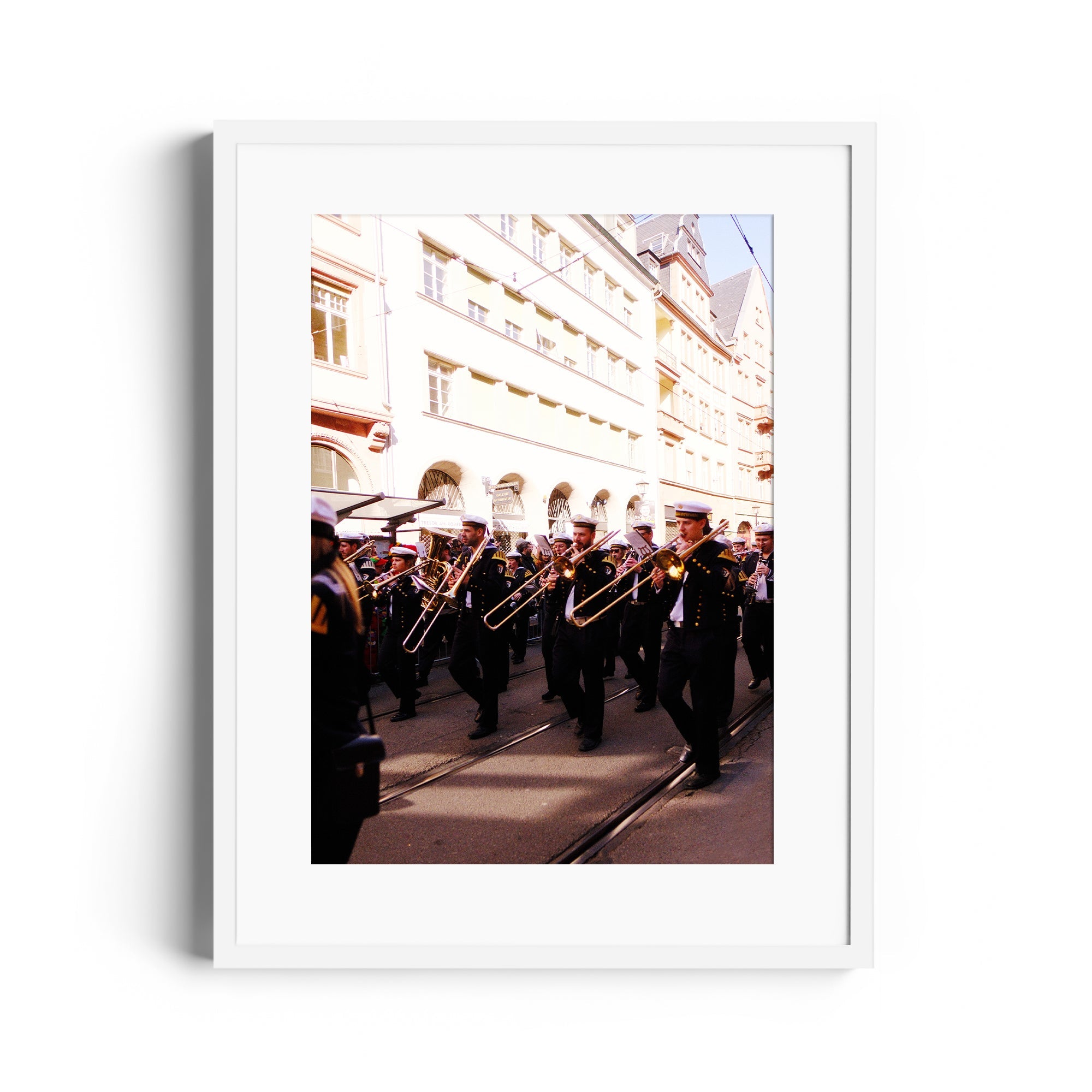 Framed fine art photograph of a marching band in Wiesbaden, Germany by Marcelo Cadavid, available at The Dana Gallery, Miami, Florida.
