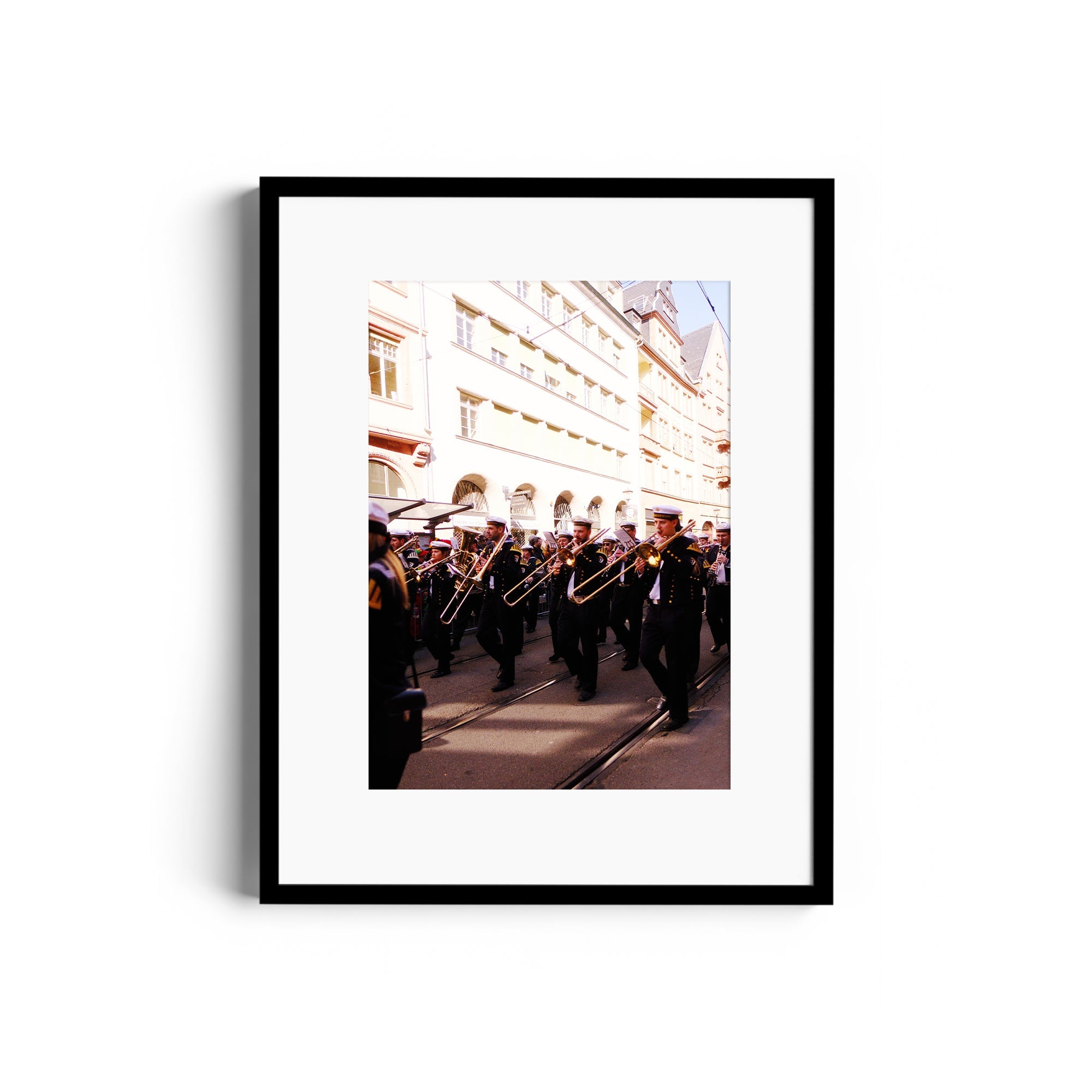 Framed fine art photography of a marching band, capturing movement and elegance at The Dana Gallery, Miami, Florida.