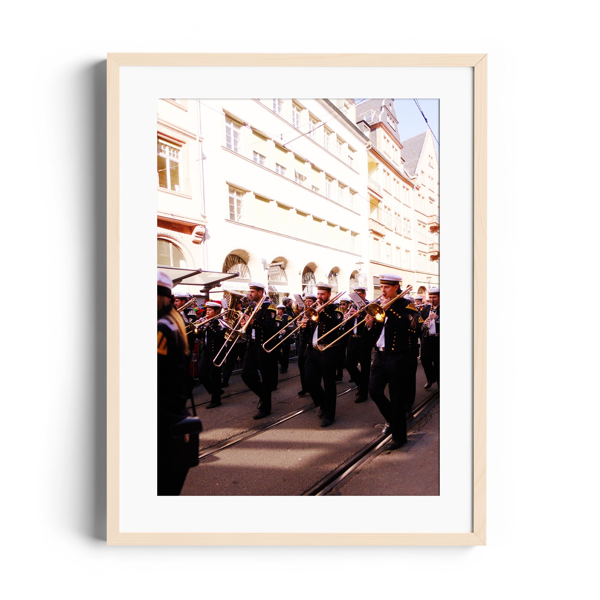 Framed fine art image of a marching band in Wiesbaden, Germany, showcasing elegance and musicality at THE DANA GALLERY, MIAMI.