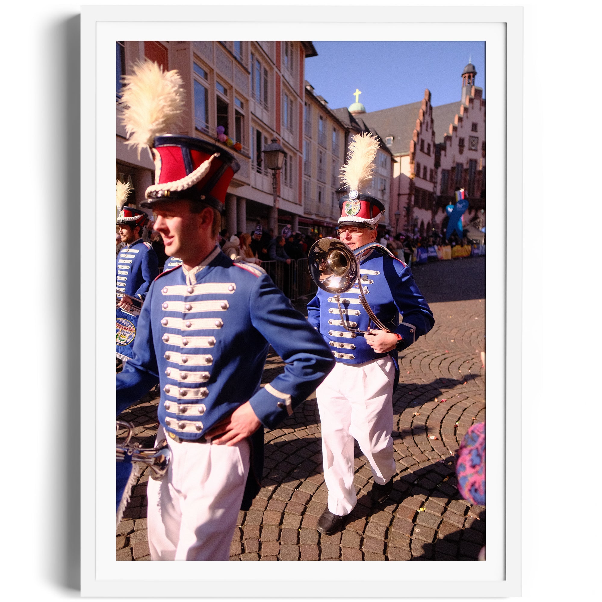 Framed fine art photograph of musicians in blue uniforms parading at a festival in Wiesbaden, captured by Marcelo Cadavid.
