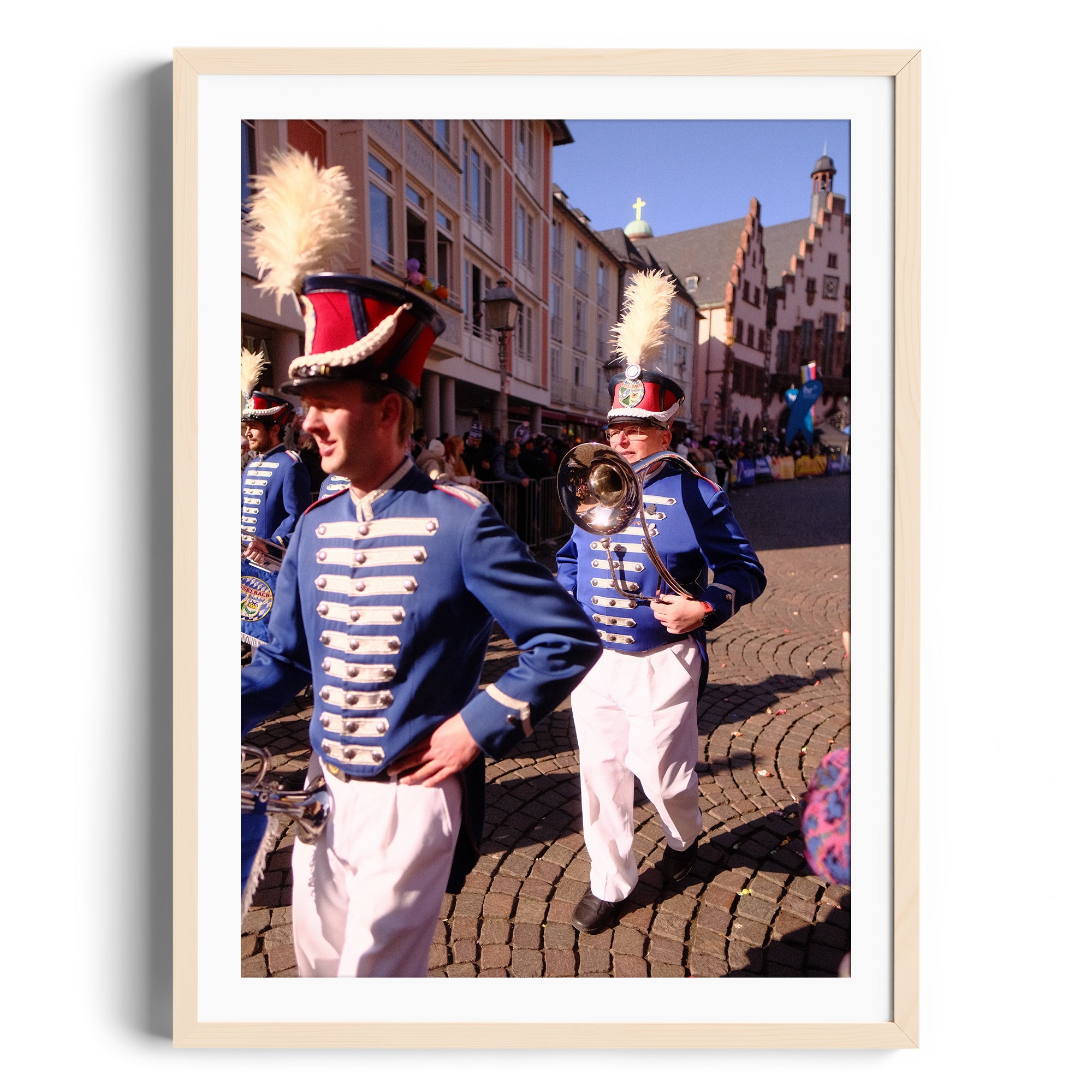 Marching band in blue uniforms at a festival in Wiesbaden, Germany, captured in fine art photography by Marcelo Cadavid.