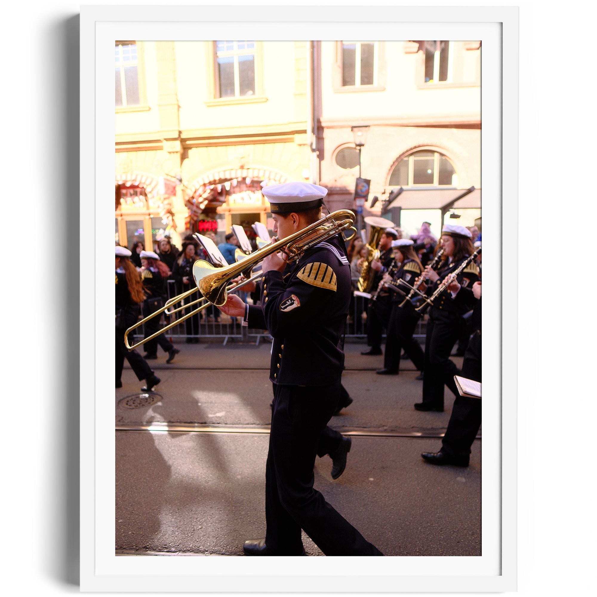 Trombone player in parade attire marching during an event, fine art photography from The Dana Gallery, Miami Florida.