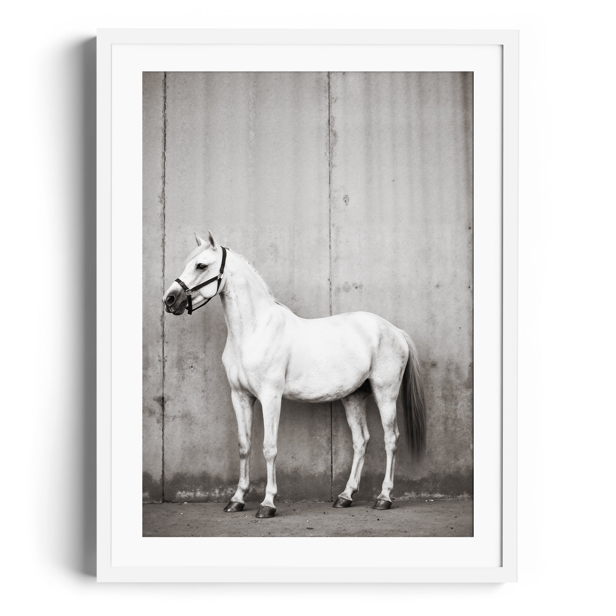 Monochromatic fine art print of a grey horse, showcasing equestrian elegance, featured in a gallery in Miami.
