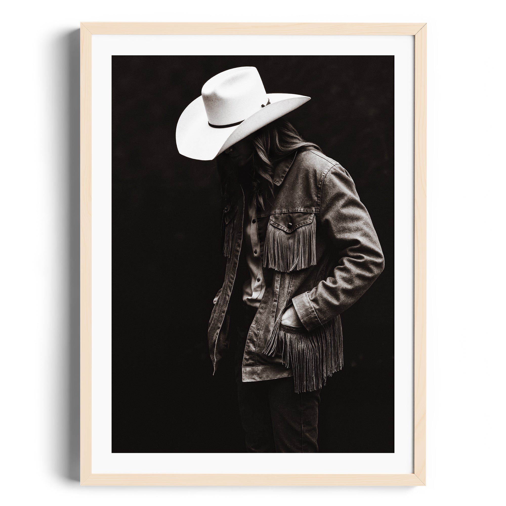 Limited edition fine art photography of a lone figure in denim and cowboy hat, showcasing Western spirit. Print for gallery in Miami.