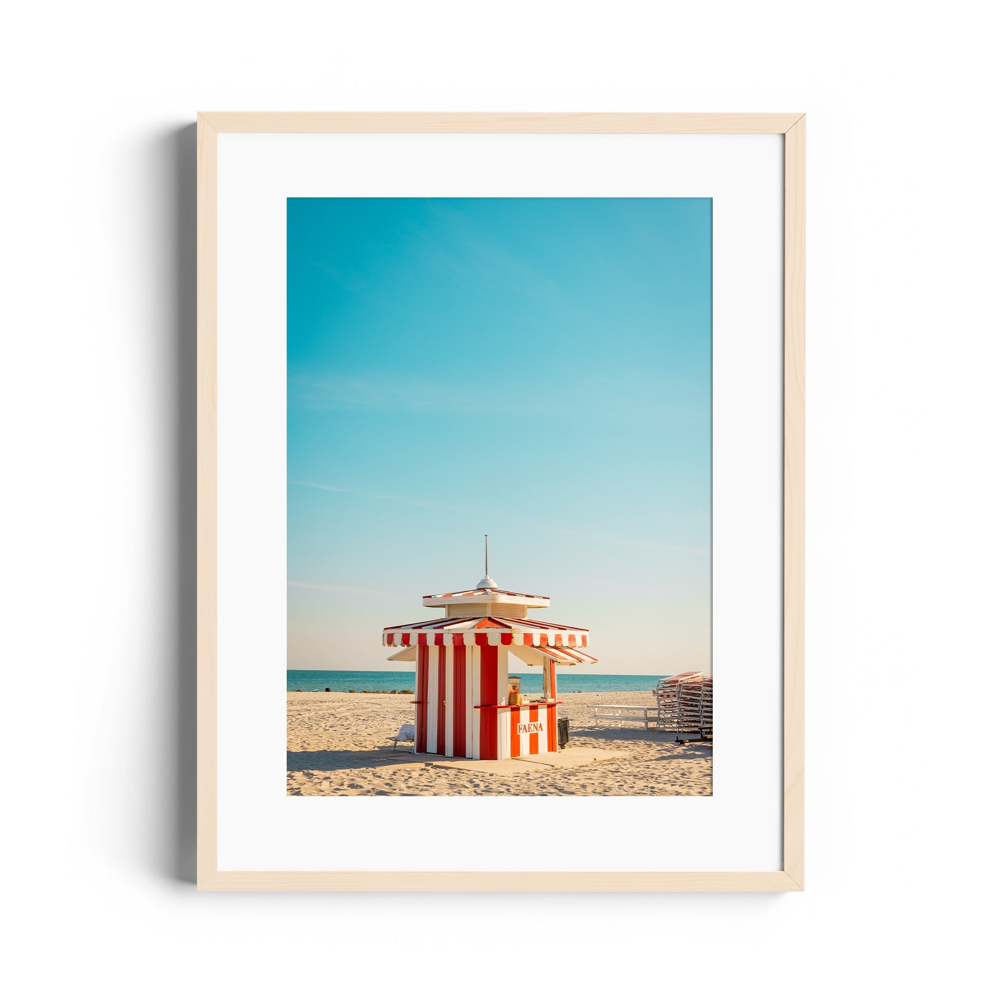 Framed fine art photograph of a striped lifeguard station on Miami beach, capturing the vibrant essence of Florida.