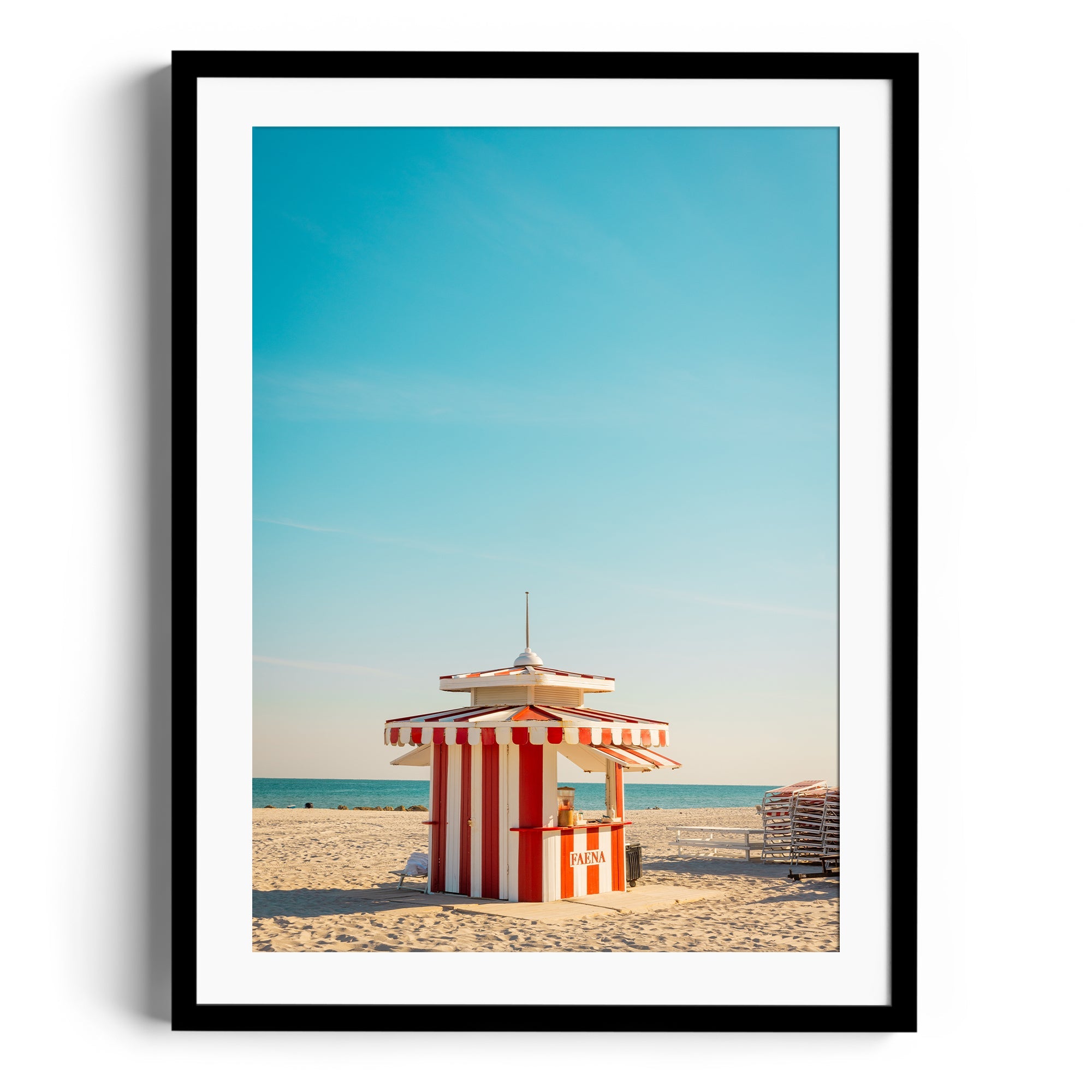 Framed fine art photograph of a Miami beach kiosk under a clear blue sky at The Dana Gallery.