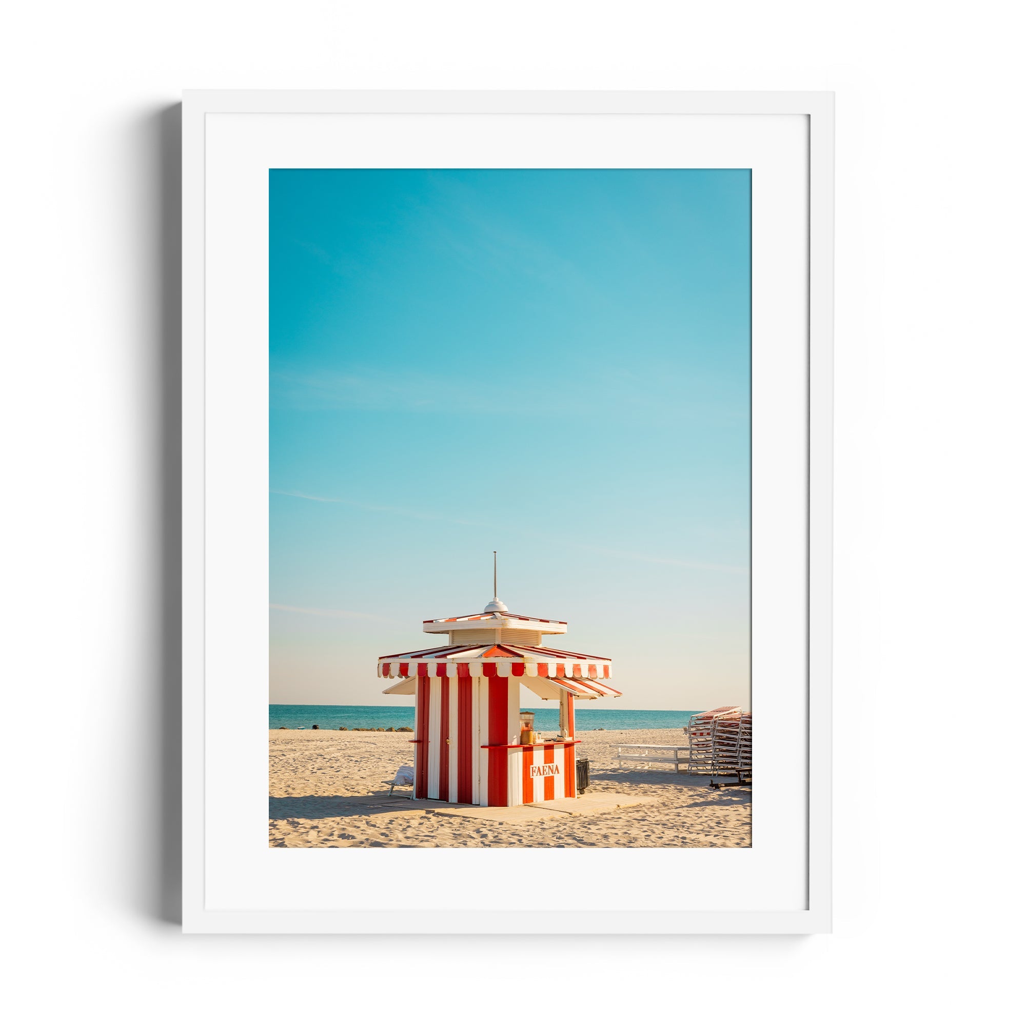 Framed fine art photograph of a red and white lifeguard stand on Miami beach, showcasing Florida’s vibrant architecture.