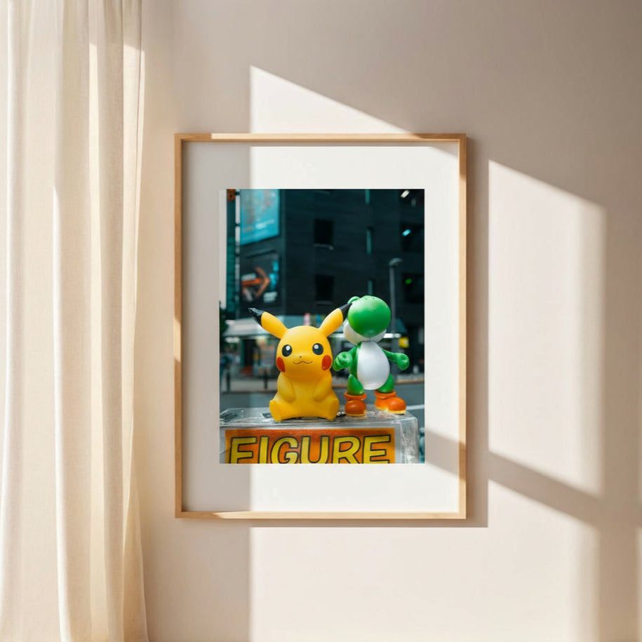 Framed picture of two cartoon characters on a wall with sunlight casting shadows.