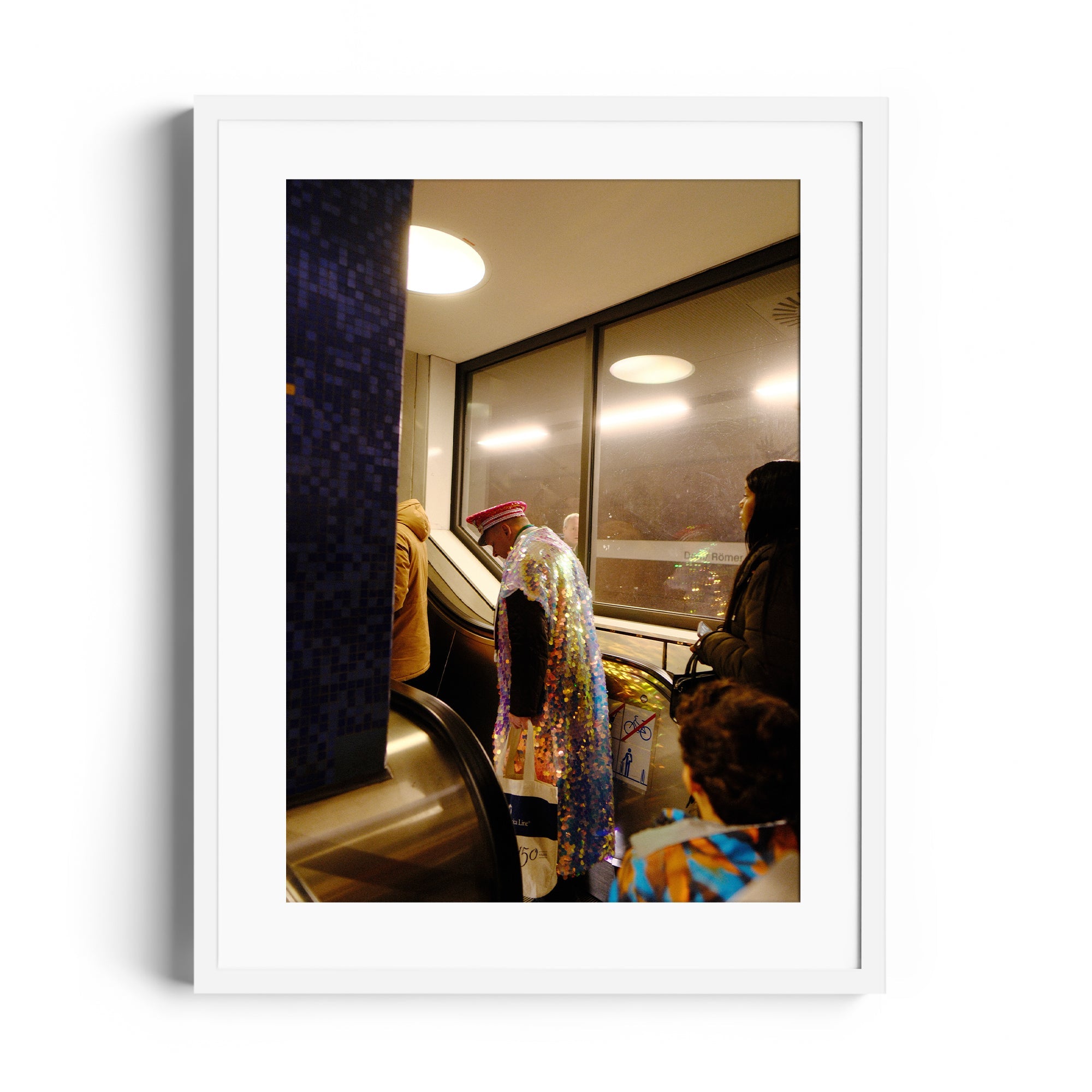 Framed fine art photography by Marcelo Cadavid, capturing an elegant moment at a Miami escalator, available at The Dana Gallery.