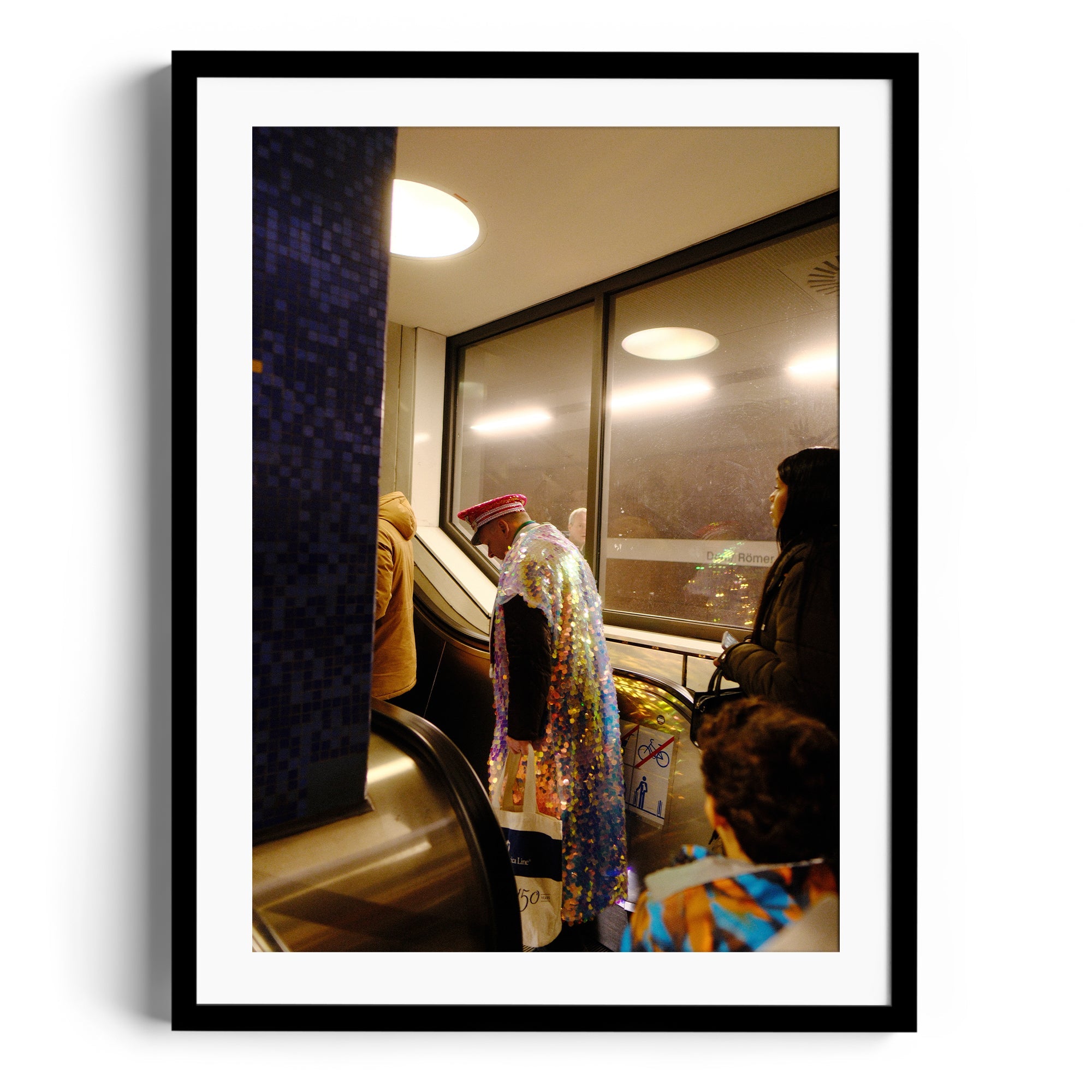 People on escalator in a subway station, vibrant scene featuring unique fashion and dynamic urban environment.