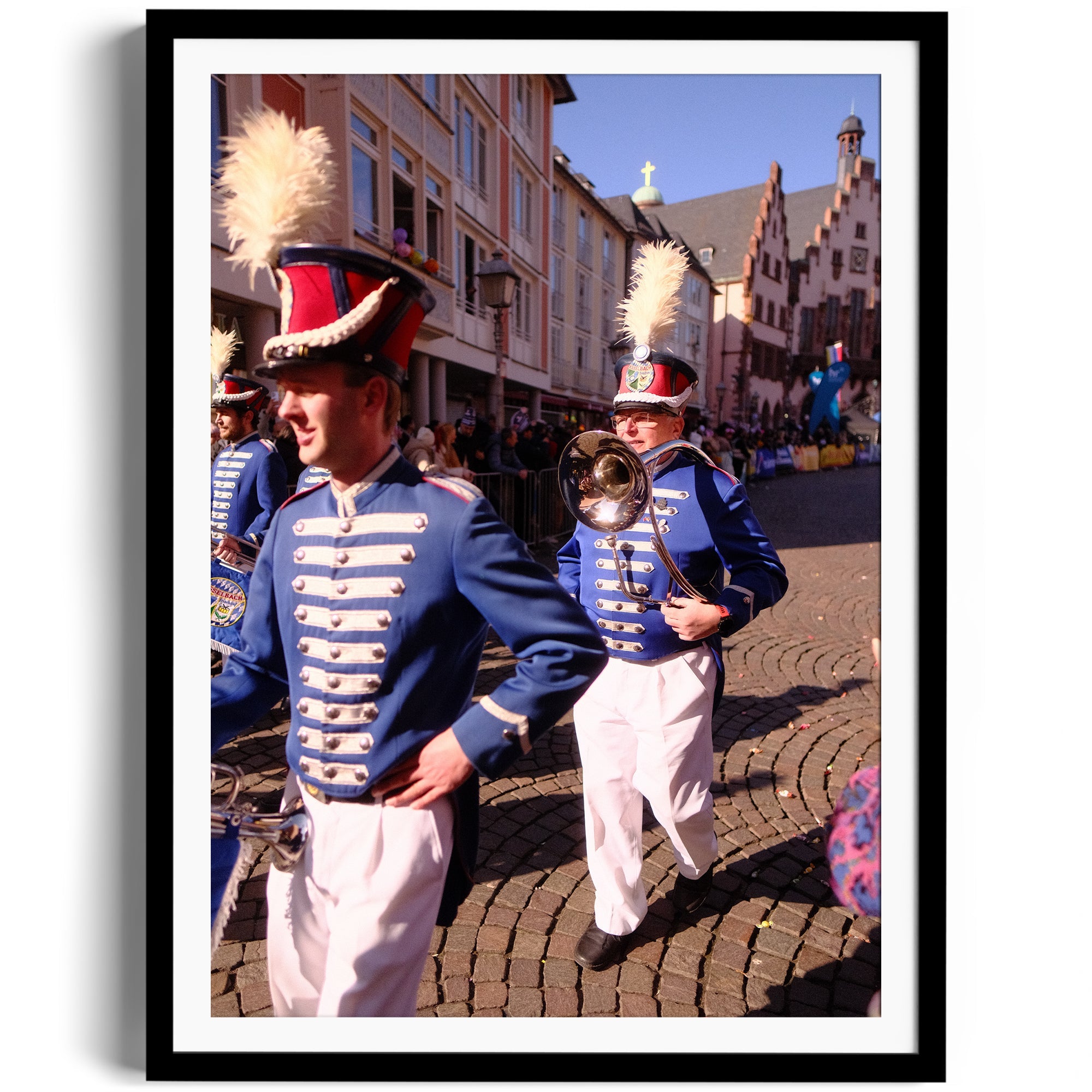 Marching band members in blue uniforms perform during a street parade in Wiesbaden, captured in fine art photography.