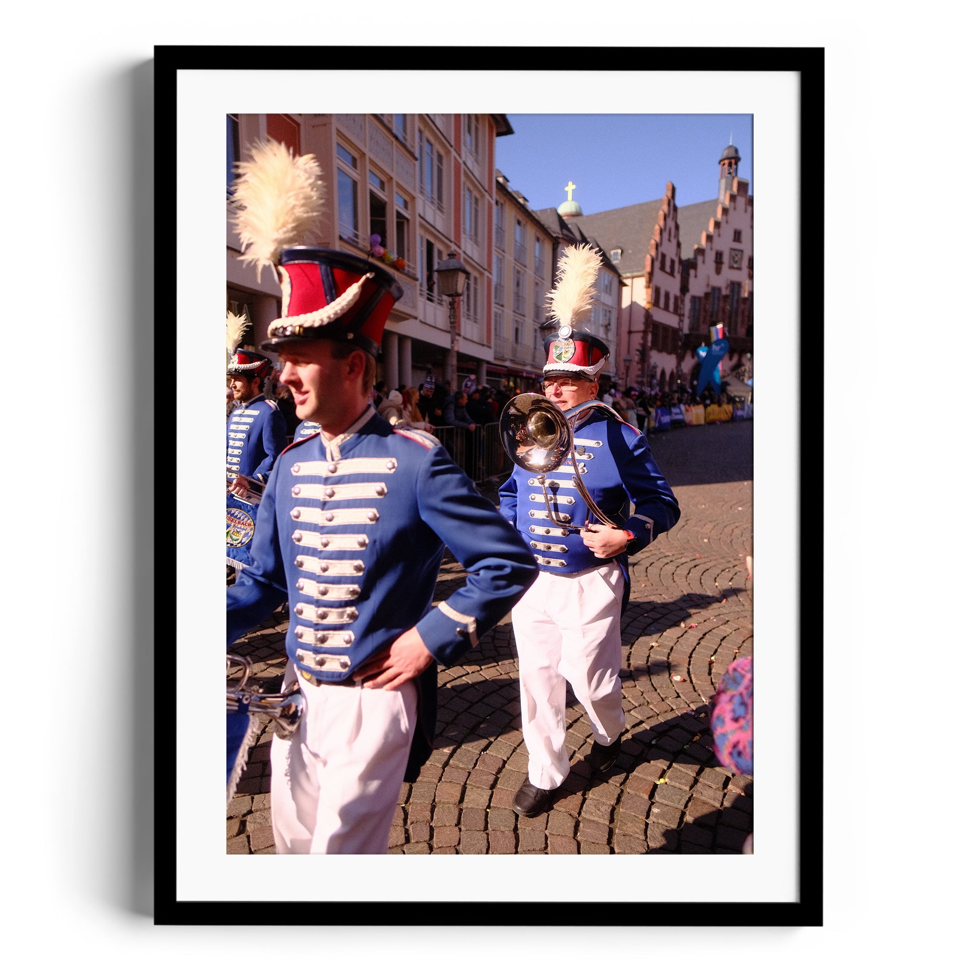 Framed fine art photograph of a marching band in uniform at a street parade in Wiesbaden, Germany.