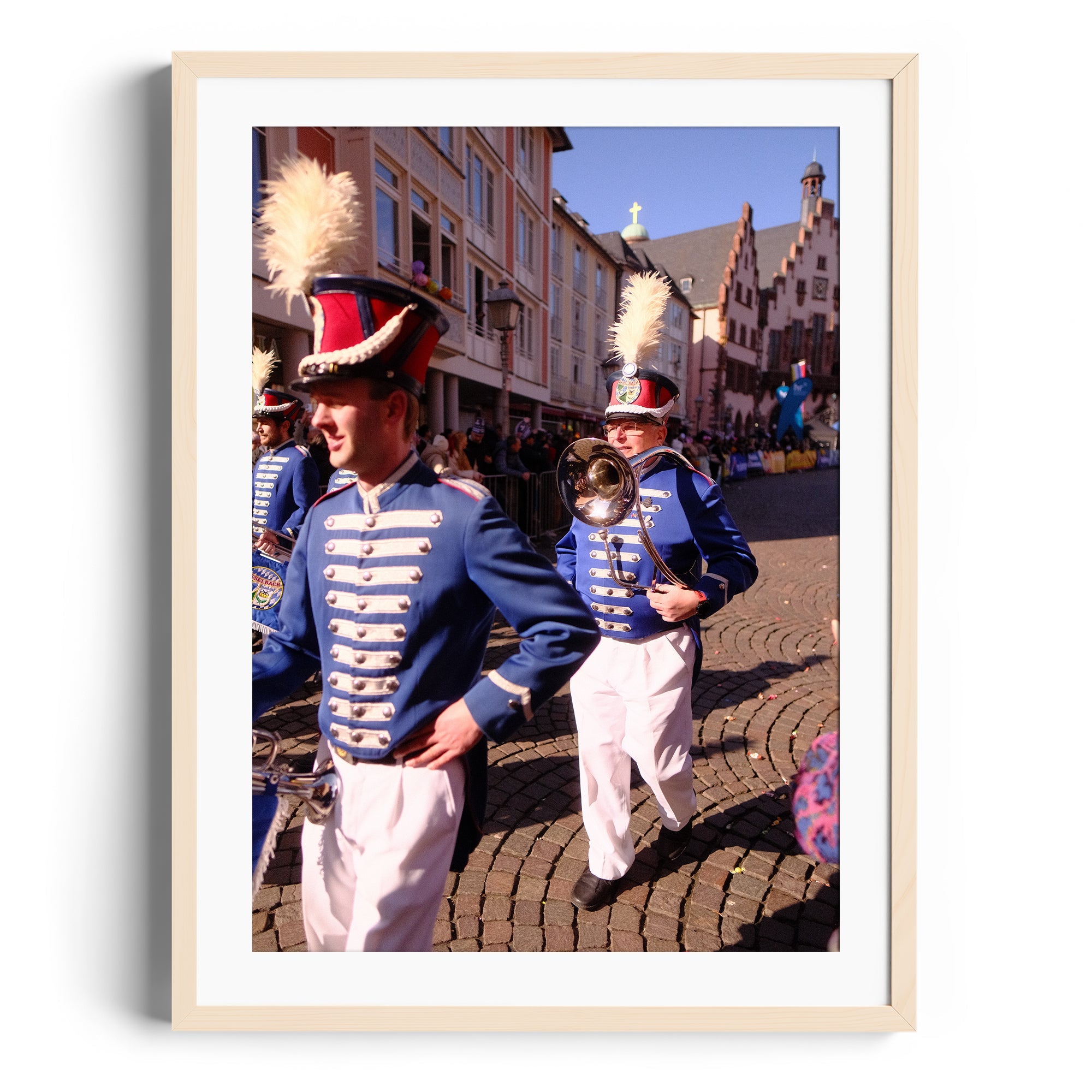 Framed fine art photograph of musicians in blue uniforms during a parade in Wiesbaden, Germany.
