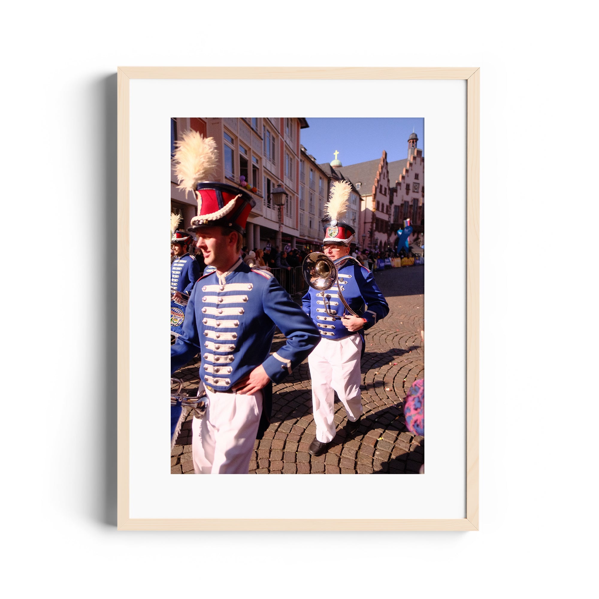 Framed fine art photograph of musicians in blue uniforms during a parade, showcasing vibrant street scenes.