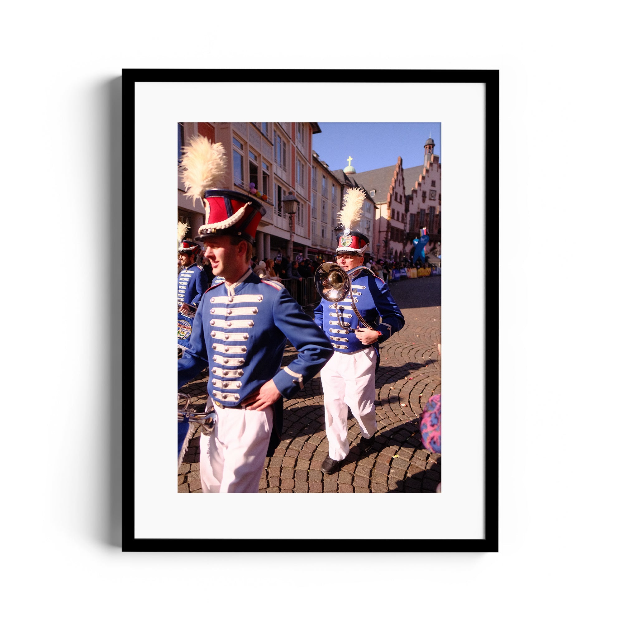 Framed fine art print of musicians in blue uniforms performing in a street, capturing festive energy and elegance.
