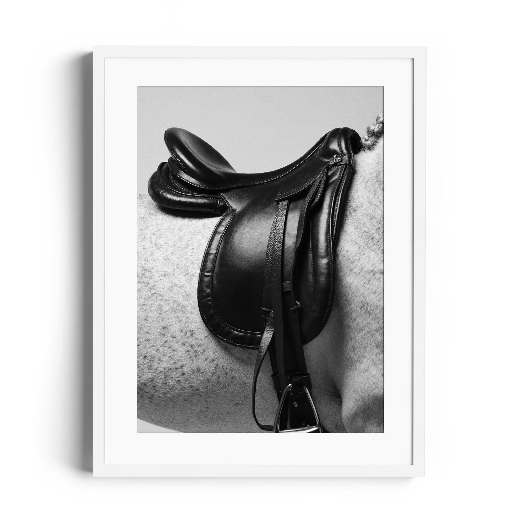 Limited edition print "CROW" by Diego Cadavid featuring a black saddle on a dappled grey horse, fine art gallery Miami.
