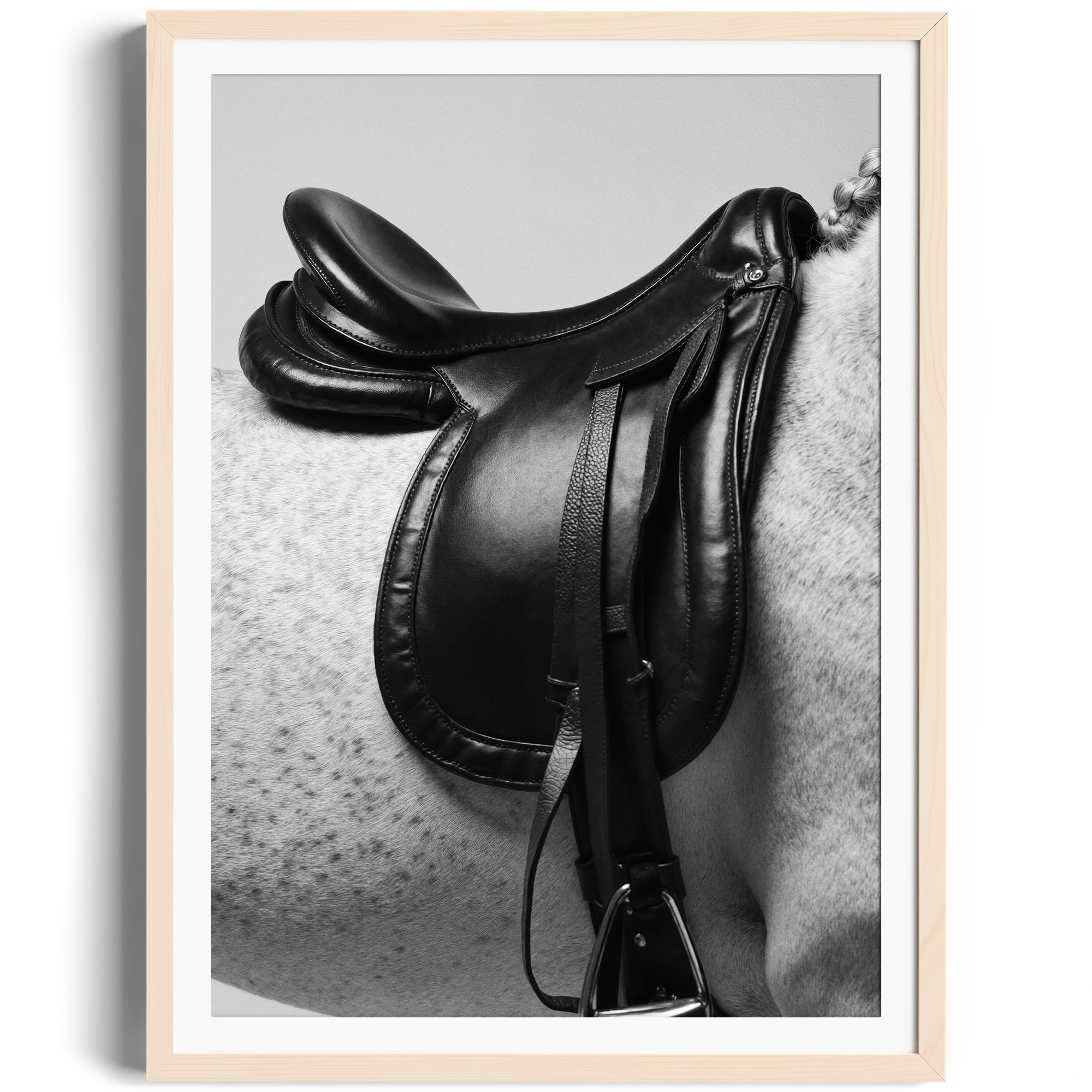Monochromatic art print of an English saddle on a dappled grey horse, showcasing equestrian elegance and craftsmanship.