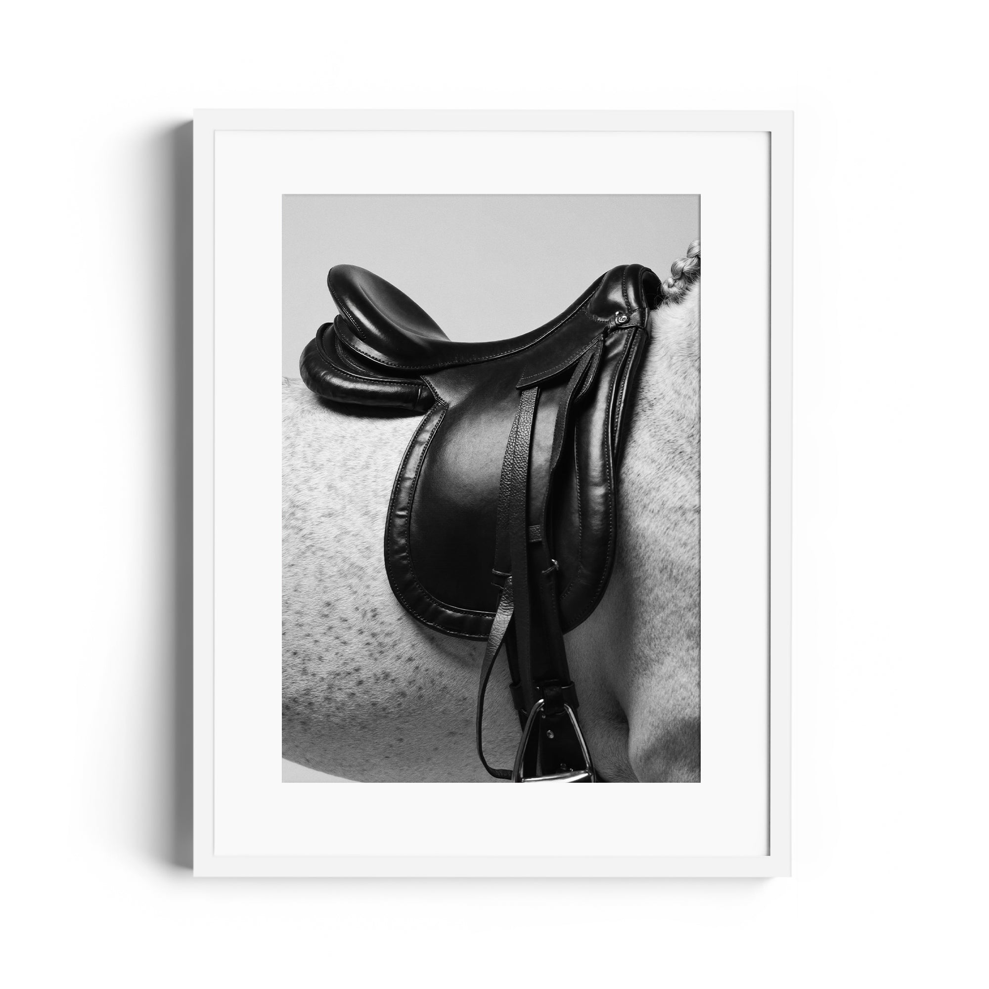 Limited edition black and white print of an English saddle on a dappled grey horse, showcasing equestrian elegance.