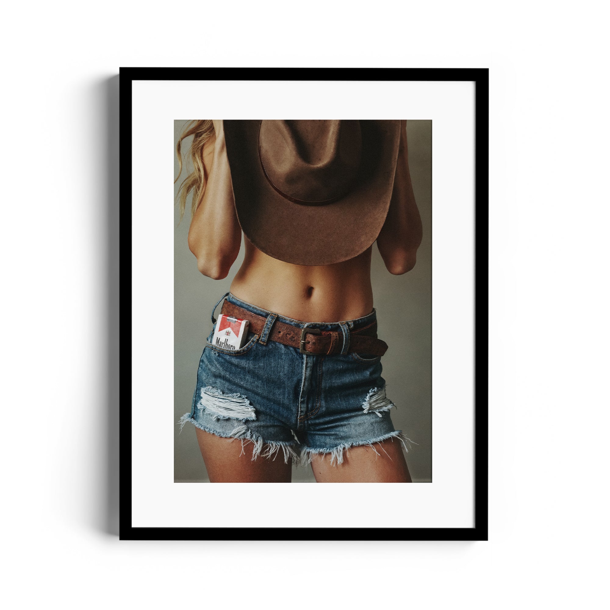 Limited edition fine art print DIAMONT by Diego Cadavid, featuring denim shorts and cowboy hat, gallery quality in Miami.