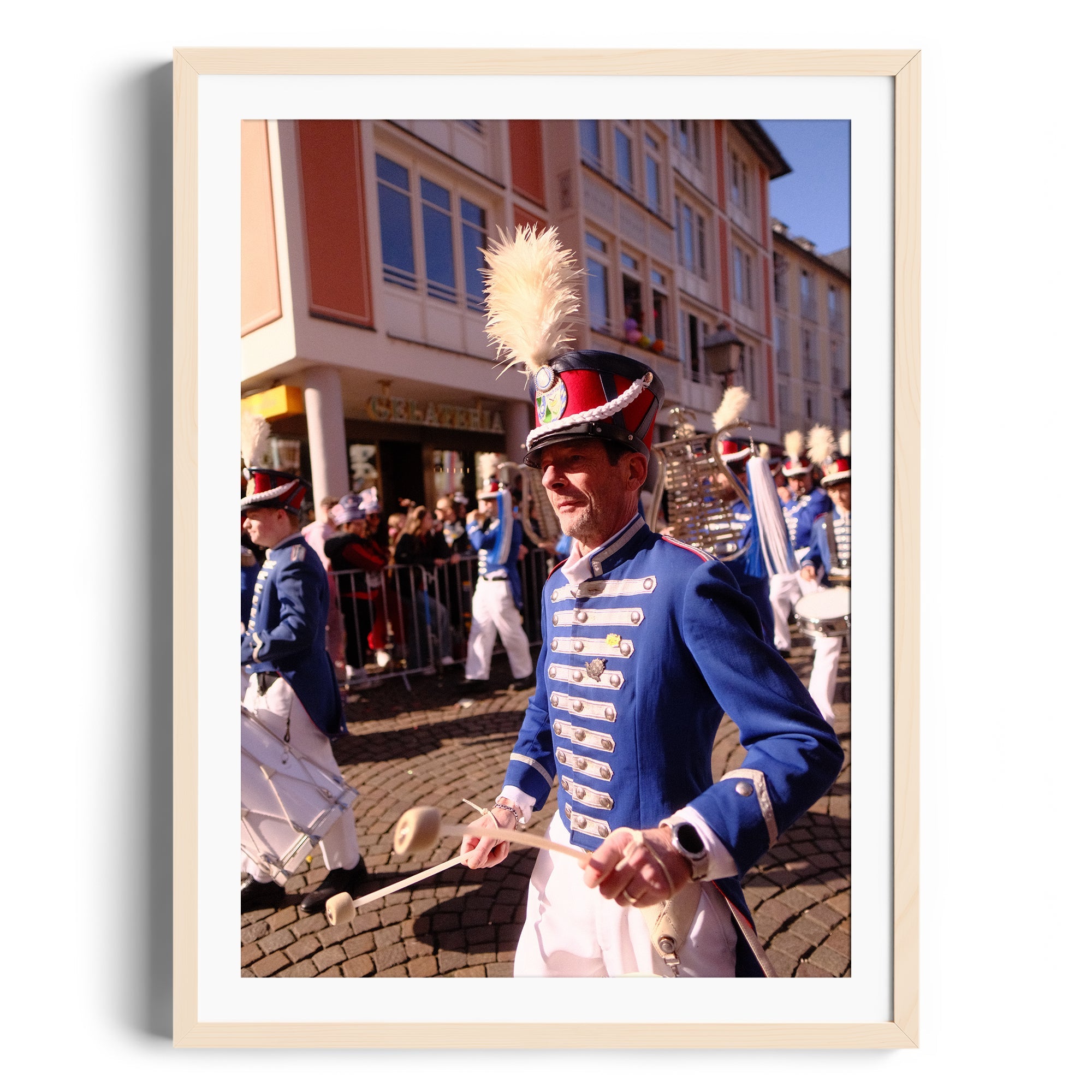 Framed fine art photo of drum major in parade, showcasing vibrant colors and festive atmosphere, shot in Miami, Florida.
