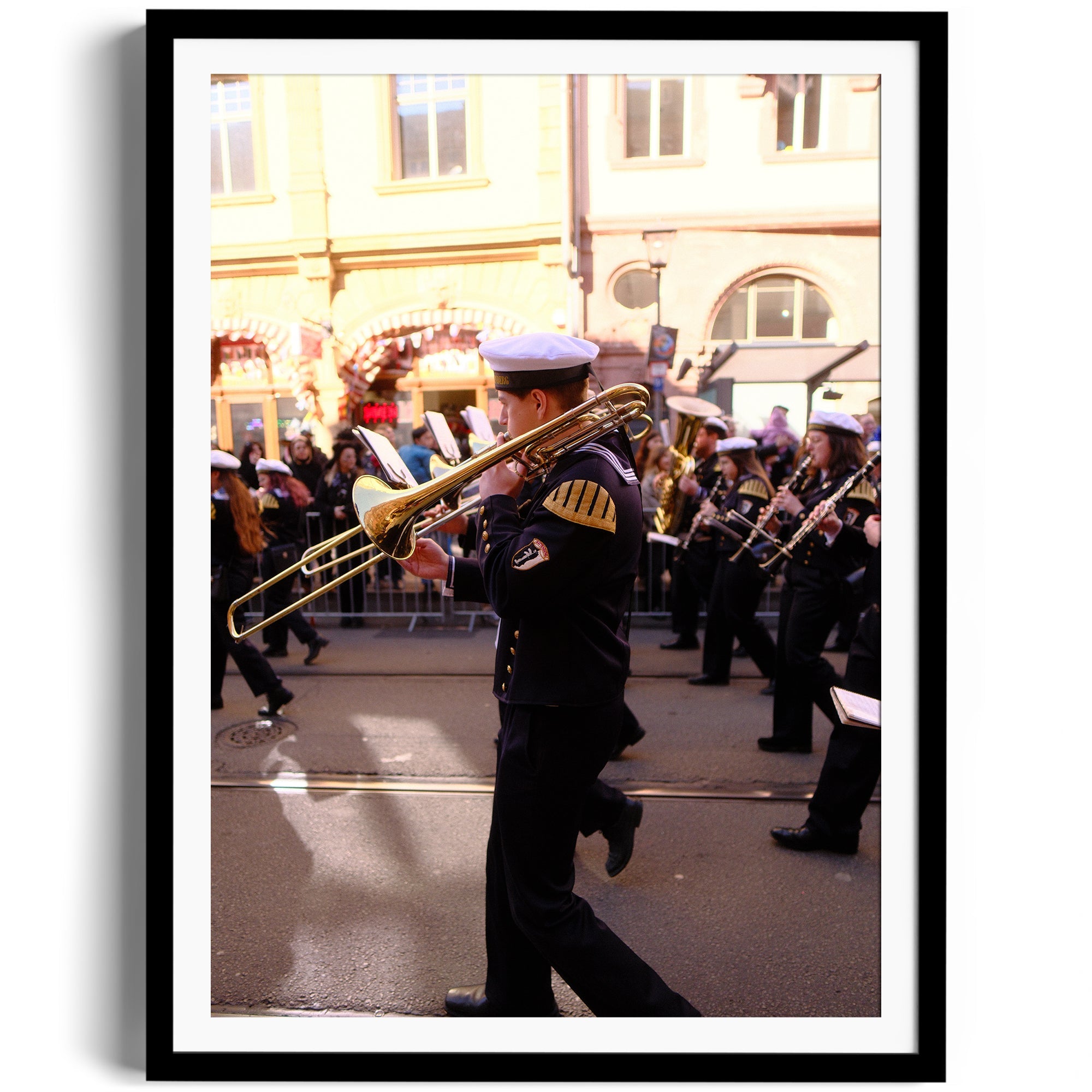 Marching band member playing trombone in parade attire at the Dana Gallery Fine Art in Miami, Florida.