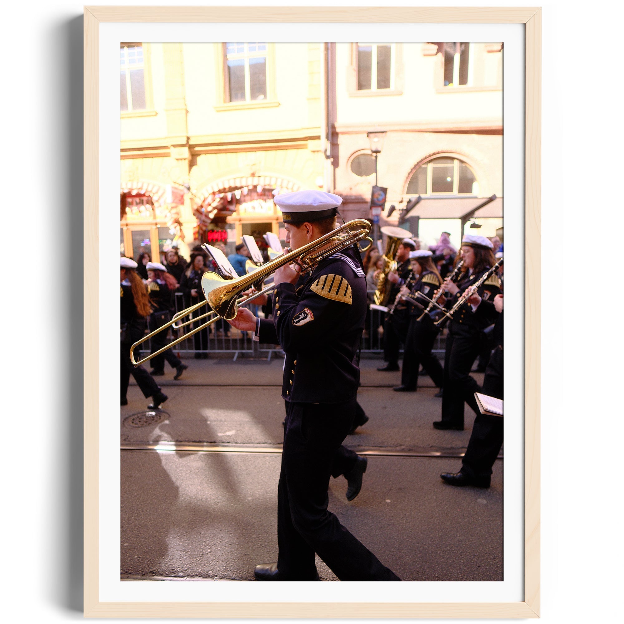 A musician playing the trombone during a parade, framed in a fine art style, showcasing vibrant colors and elegance.