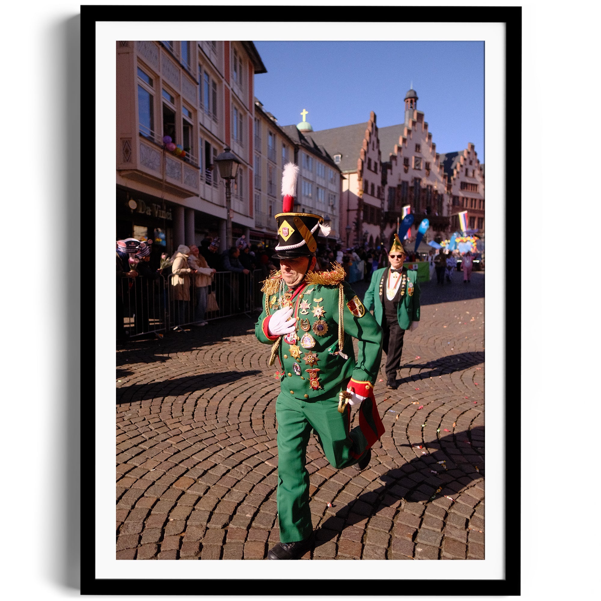 Framed fine art photography of a colorful parade in Wiesbaden, showcasing ceremonial attire and festive atmosphere.