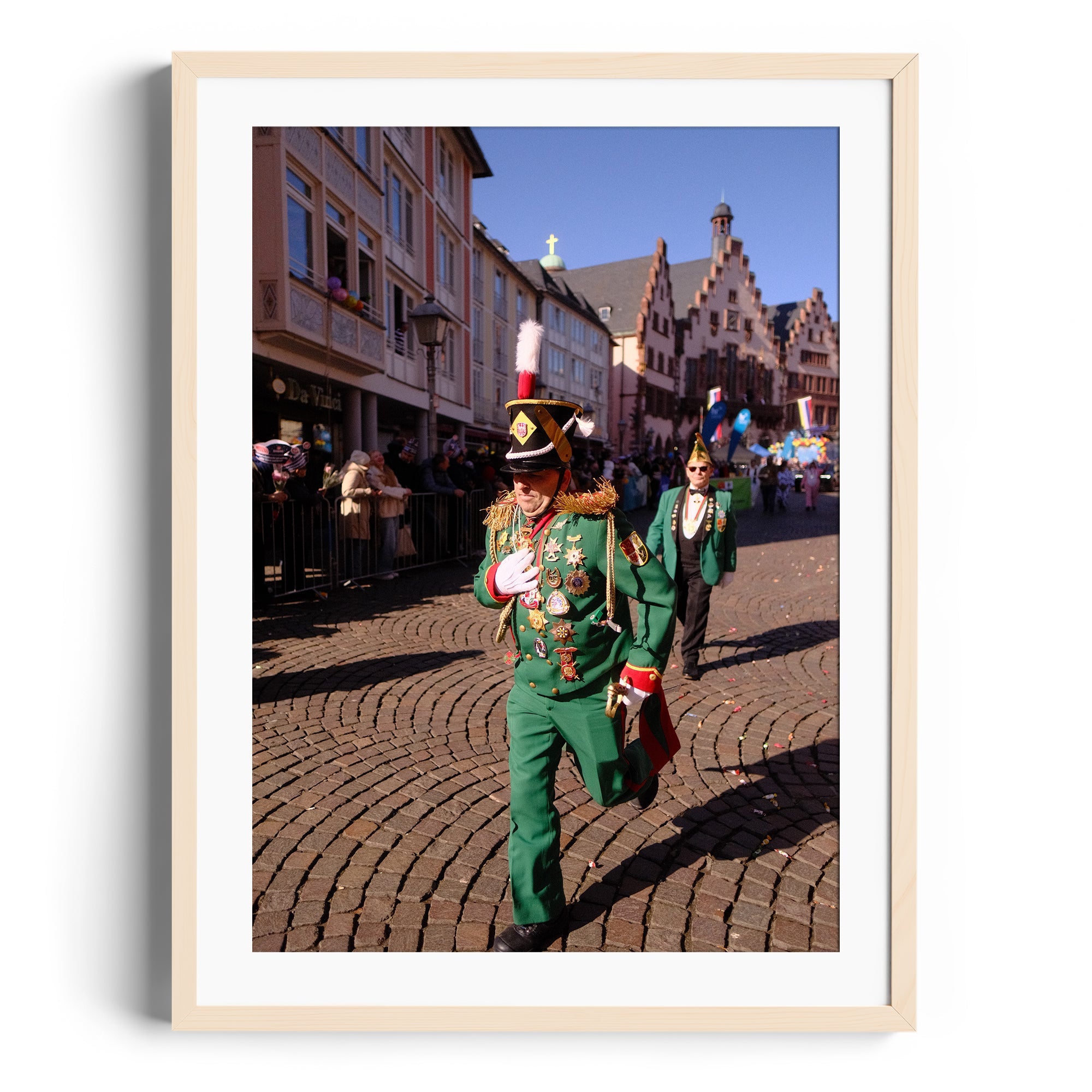Framed fine art photo of a parade in Wiesbaden, featuring costumed participants, emphasizing lively cultural celebration.
