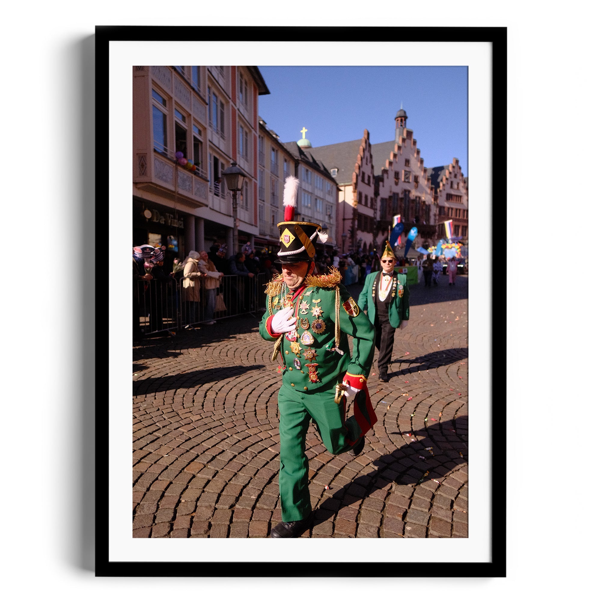 Framed fine art photo of a parade in Wiesbaden, featuring a musician in green uniform, capturing vibrant cultural traditions.