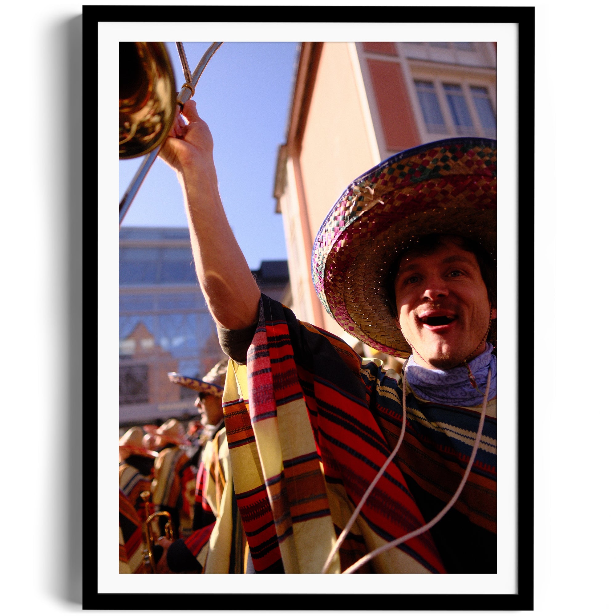 Colorful depiction of a cheerful musician in traditional attire celebrating at a mariachi event. The Dana Gallery, Miami Florida.