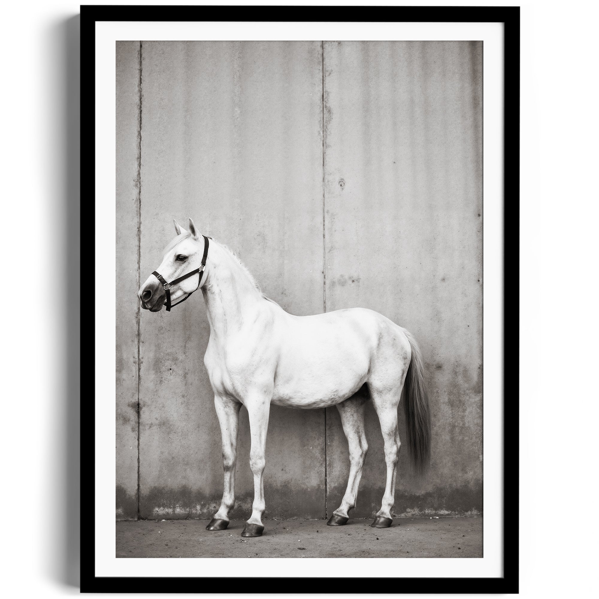 Black and white print of a dappled grey horse against a textured wall, showcasing equestrian elegance. Fine art gallery Miami.