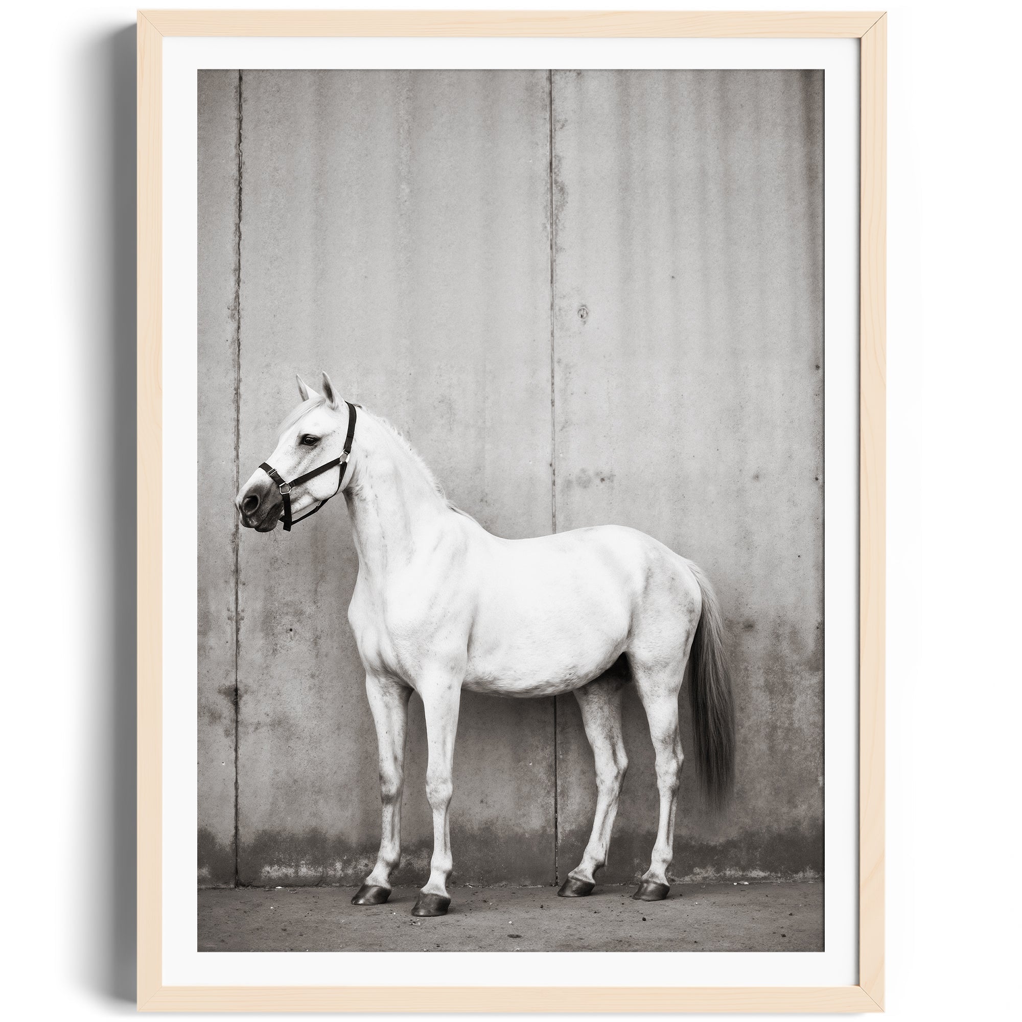 Monochrome fine art print of a white horse against a textured background, showcasing equestrian elegance in Miami gallery.