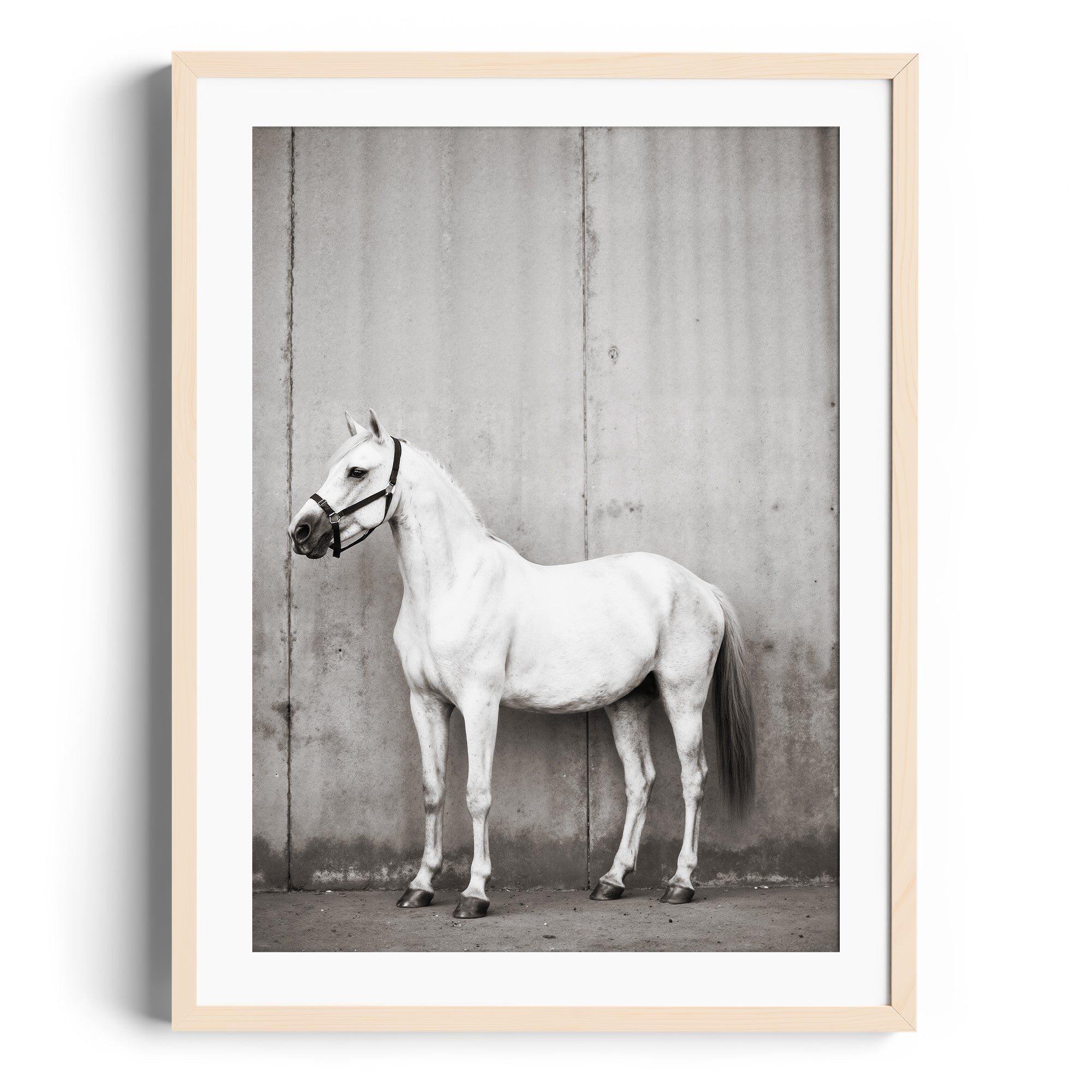 Elegant white horse portrait in a simple frame, showcasing equestrian beauty for fine art gallery Miami.