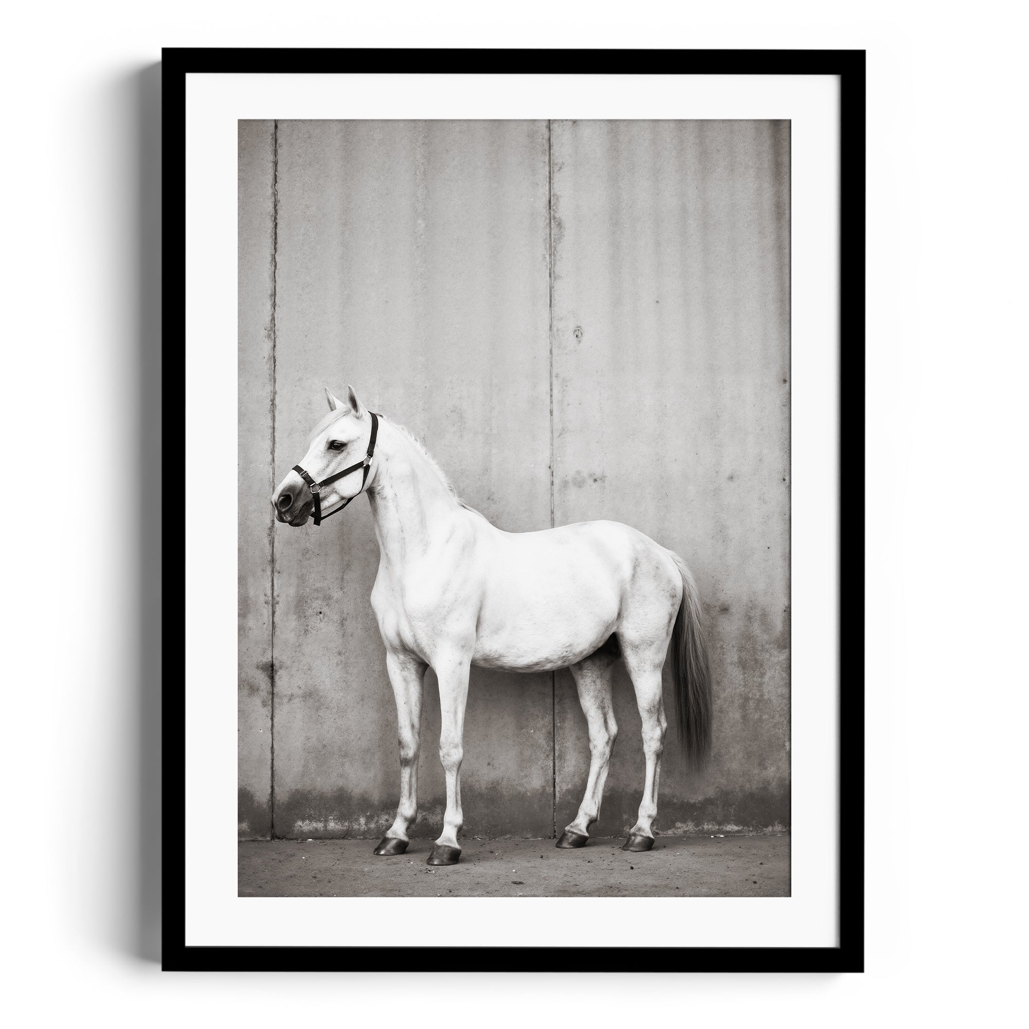 Monochrome fine art print of a white horse against a textured background, showcased in a sleek black frame. Print fine art gallery Miami.