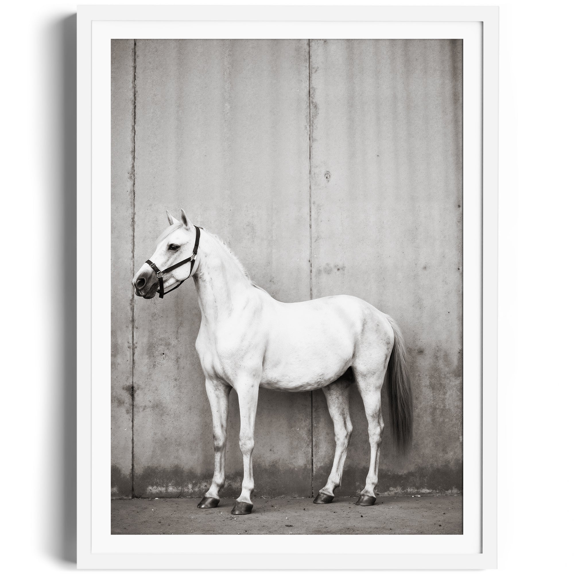 Black and white fine art print of a white horse against a textured wall, showcasing equestrian elegance. Gallery Miami.