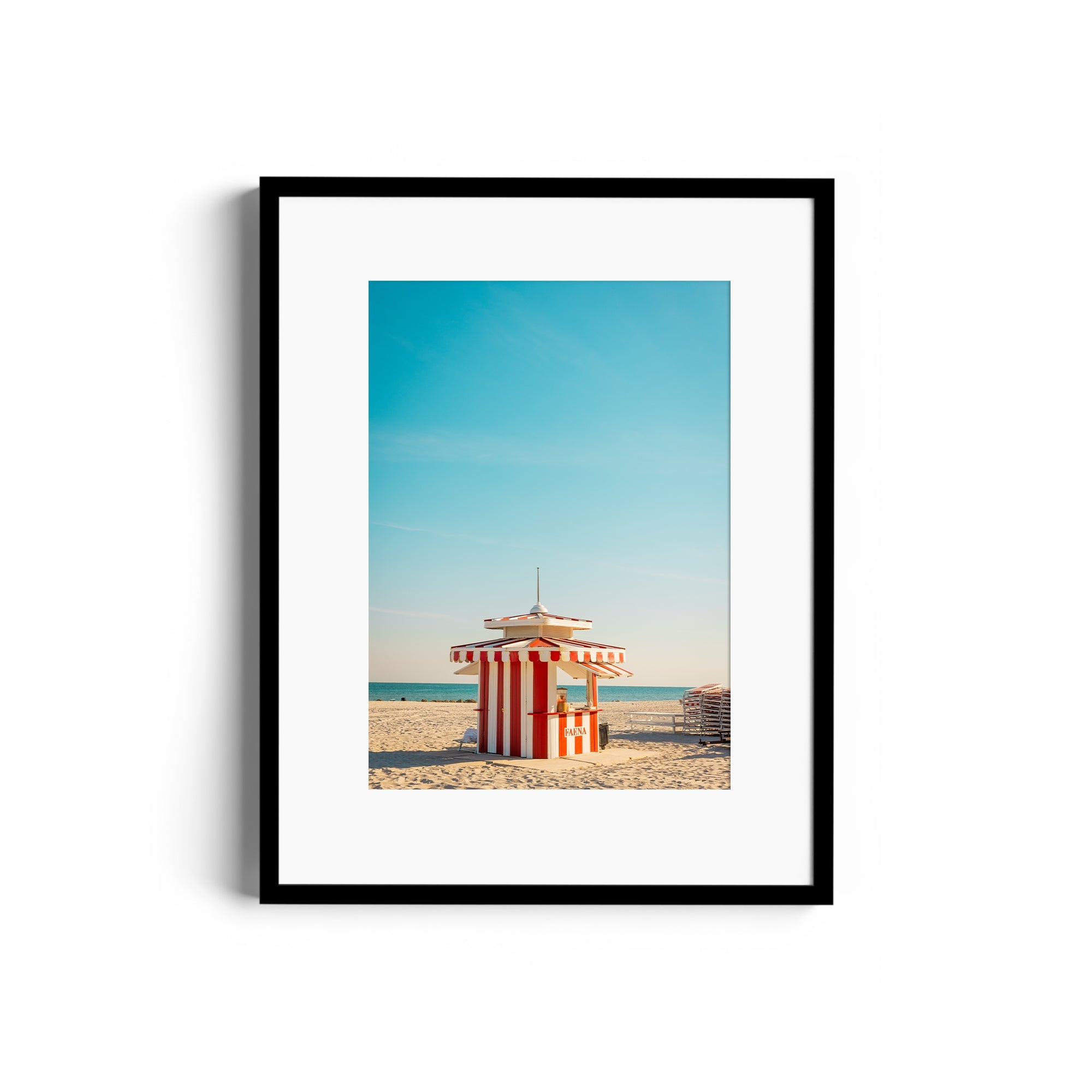 Limited Edition fine art photograph of a striped lifeguard tower on Miami beach by George Lozada, framed at The Dana Gallery.