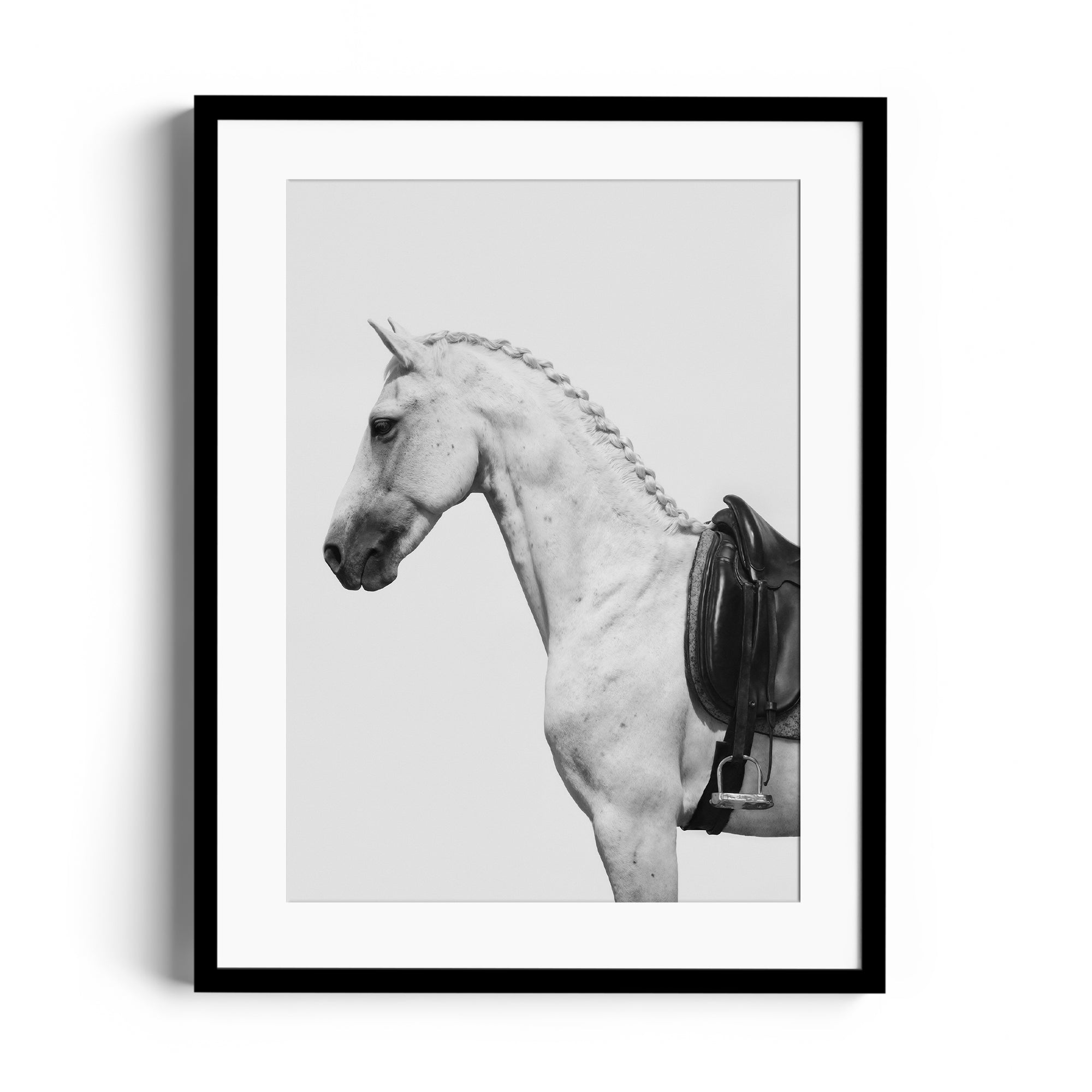 Limited edition print of a dappled grey horse and English saddle, showcasing equestrian elegance and fine art craftsmanship.