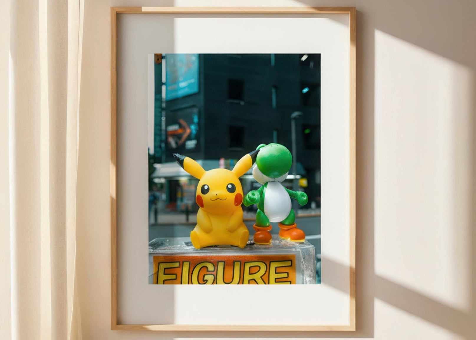 Framed picture of two cartoon characters on a wall with sunlight casting shadows.
