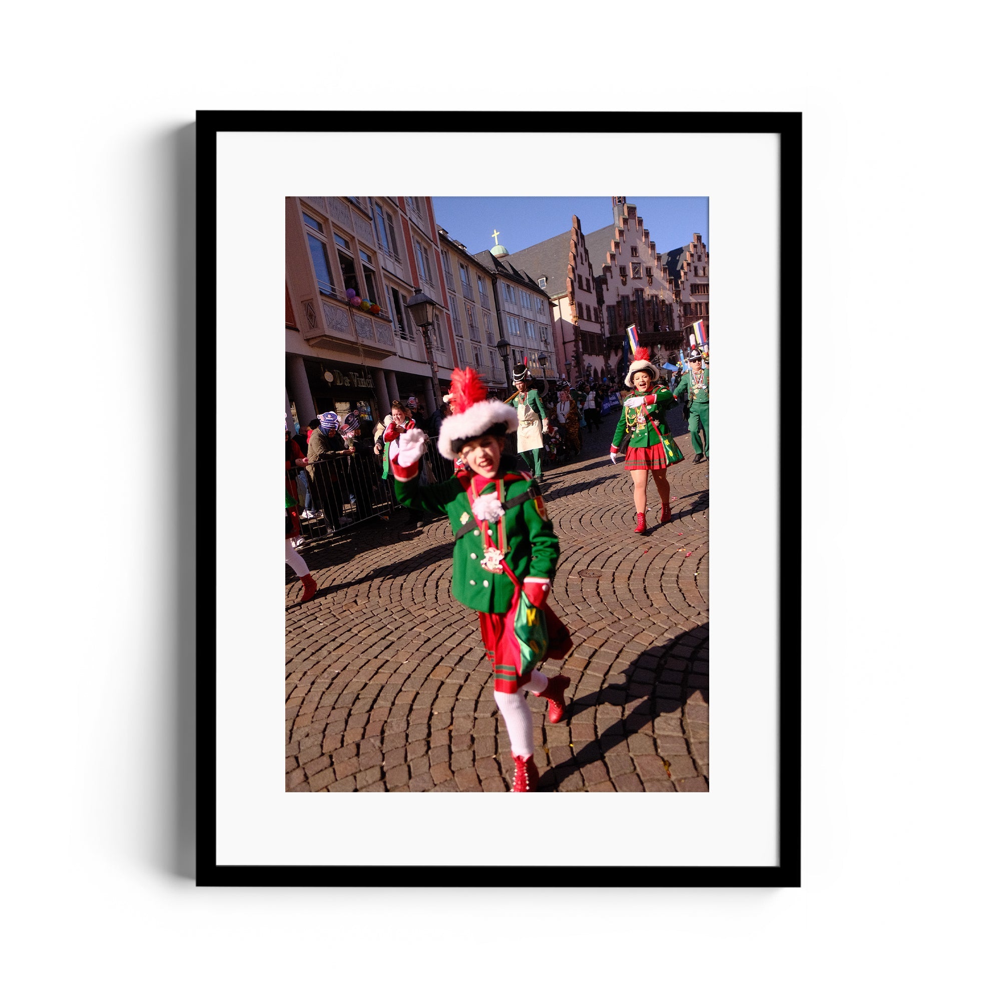 Festive parade scene featuring joyful performers in vibrant green outfits, captured in fine art photography.
